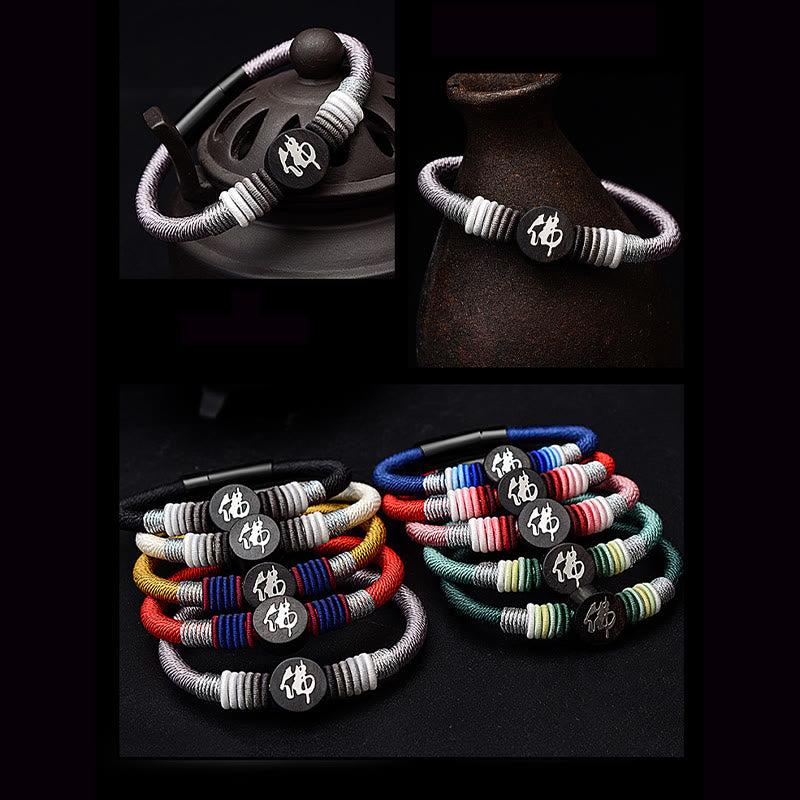 Buddha Stones Buddha Character Ebony Handcrafted Rope Bracelet