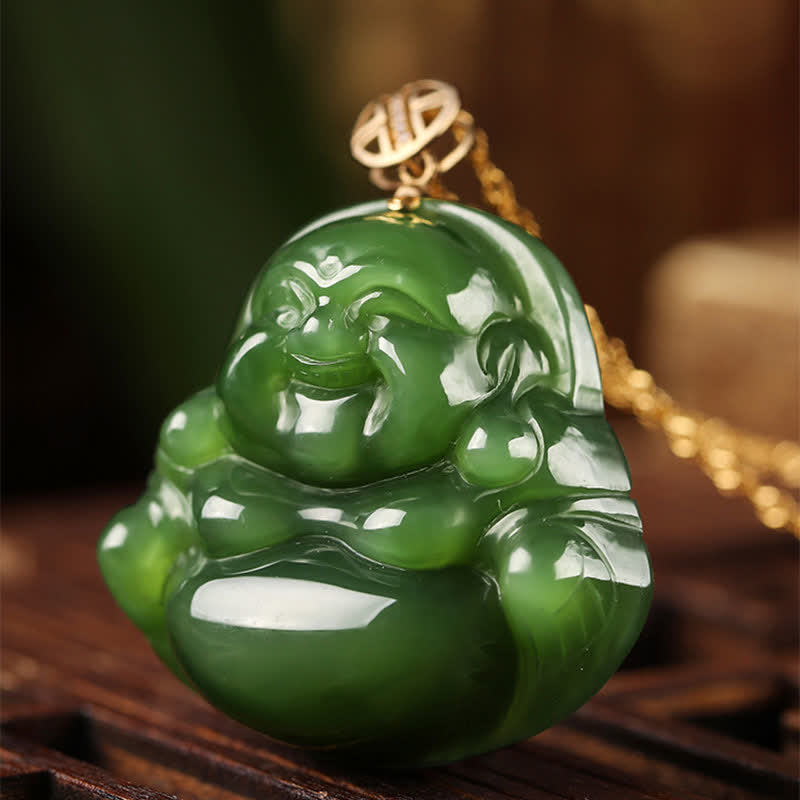 925 Sterling Silver Laughing Buddha Hetian Cyan Jade 18K Gold Success Necklace Chain Pendant