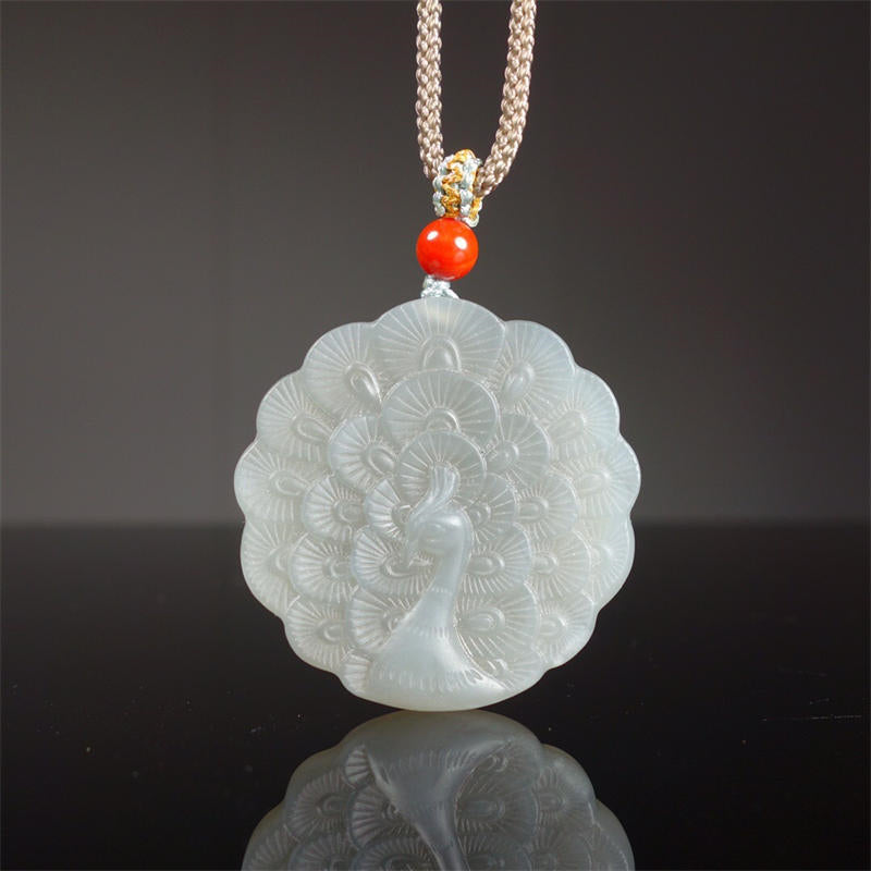 White Jade Peacock Protection Blessing Necklace Pendant