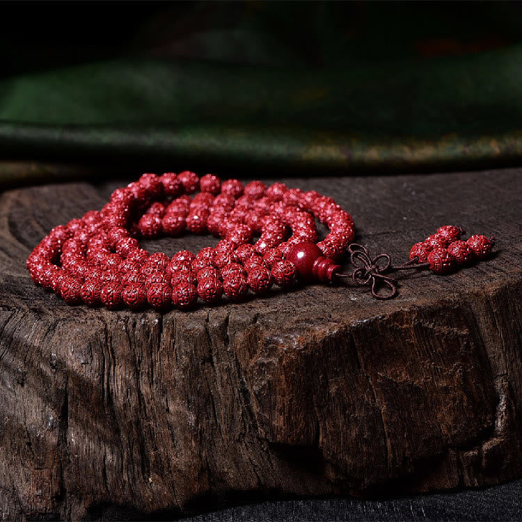 Buddha Stones 108 Mala Beads Cinnabar Om Mani Padme Hum Pattern Engraved Blessing Bracelet