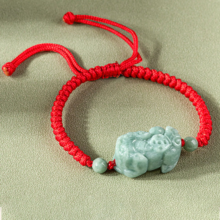 Buddha Stones Handmade Natural Jade PiXiu Protection King Kong Knot Braided String Bracelet