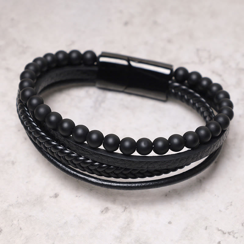 Buddha Stones Natural Lava Rock Black Onyx Bead Leather Bracelet