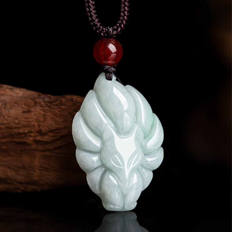 Buddha Stones Natural Jade Nine Tailed Fox Luck Prosperity Necklace Pendant