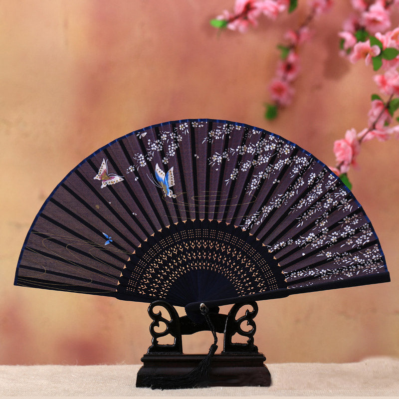 Buddha Stones Cherry Blossom Lily Butterfly Bamboo Handheld Bamboo Folding Fan 21cm