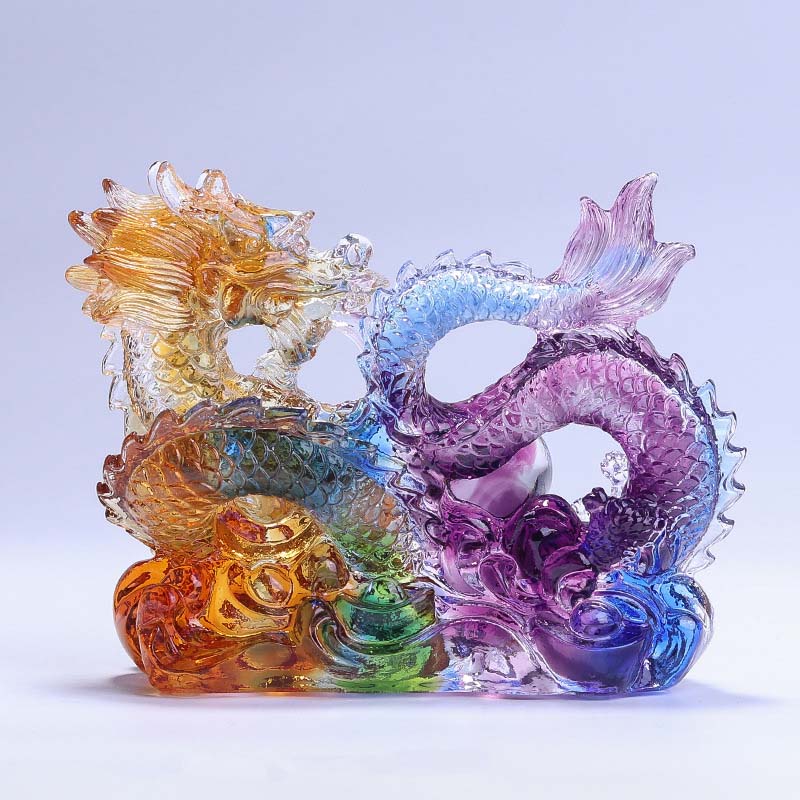 Buddha Stones Year of the Dragon Handmade Dragon Playing With Pearl Ingot Liuli Crystal Art Piece Protection Home Office Decoration