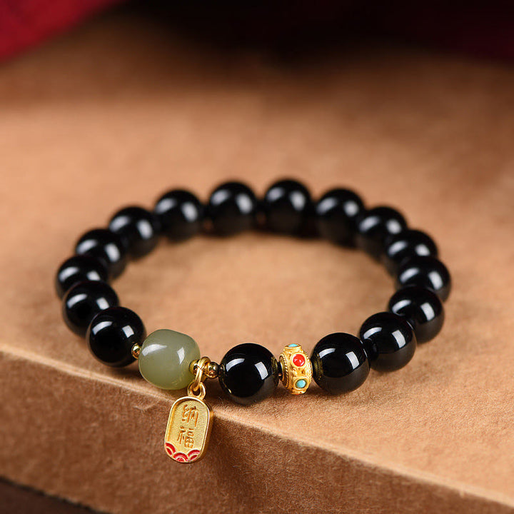 Buddha Stones Black Onyx Hetian Jade Bead Lucky Fortune Charm Bracelet