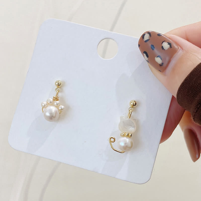 Buddha Stones Cute Cat Paw Pearl Wisdom Stud Drop Earrings