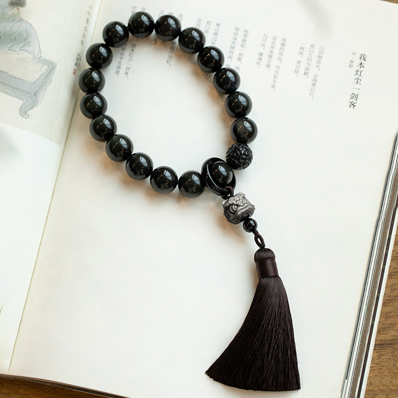 Natural Silver Sheen Obsidian Black Obsidian Lion Wrist Mala Protection Tassels Pocket Mala Car Decoration