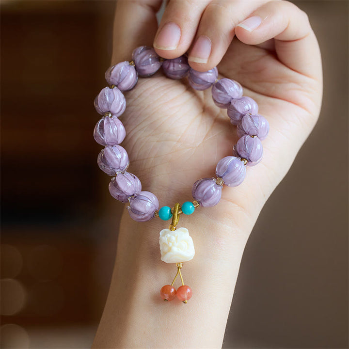 Buddha Stones Liuli Glass Bead Lotus Design Fluorite Ivory Fruit Dancing Lion Charm Enlightenment Bracelet