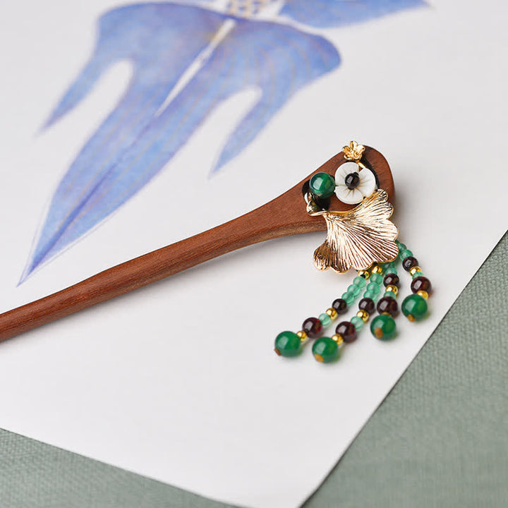 Red Sandalwood Green Agate Ginkgo Leaf Protection Hairpin