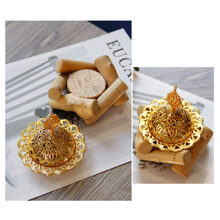 Gold Alloy Healing Mini Incense Burner With Wooden Coaster Home Decor