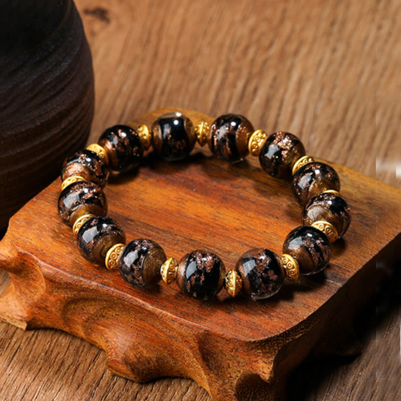 Buddha Stones Gold Swallowing Beast Family Charm Liuli Glass Bead Fortune Bracelet