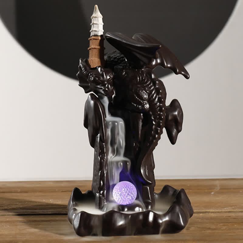 Nordic Dragon Ceramic Backflow Smoke Fountain Meditation Healing Incense Burner Led Ball Decoration