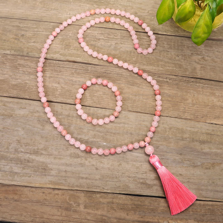 108 Mala Beads Pink Crystal Love Tassel Bracelet