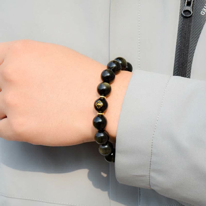 Chinese Zodiac Natal Buddha Gold Sheen Obsidian Wealth Protection Bracelet