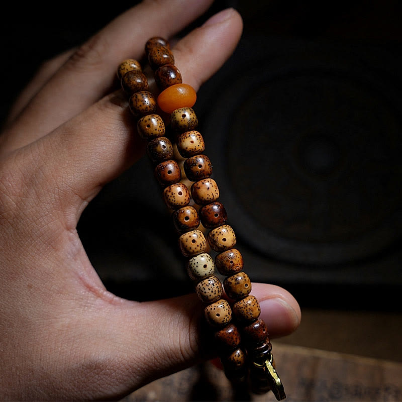 Buddha Stones Tibetan Bodhi Seed Amber Dzi Bead Agate Zakiram Goddess of Wealth Beads Triple Wrap Bracelet