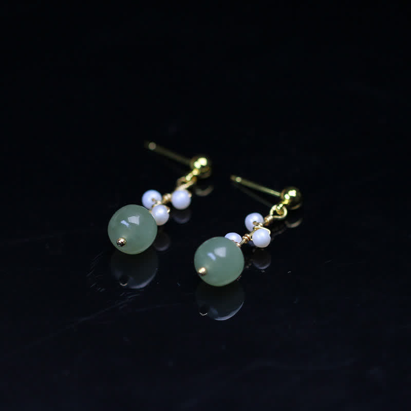 Hetian Jade Flower Pattern 14K Gold Plated Luck Drop Dangle Earrings