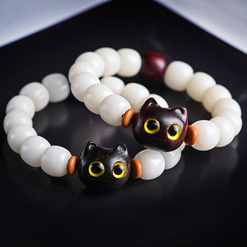 Buddha Stones Natural Bodhi Seed Small Leaf Red Sandalwood Ebony Wood Cute Lucky Cat Wisdom Bracelet