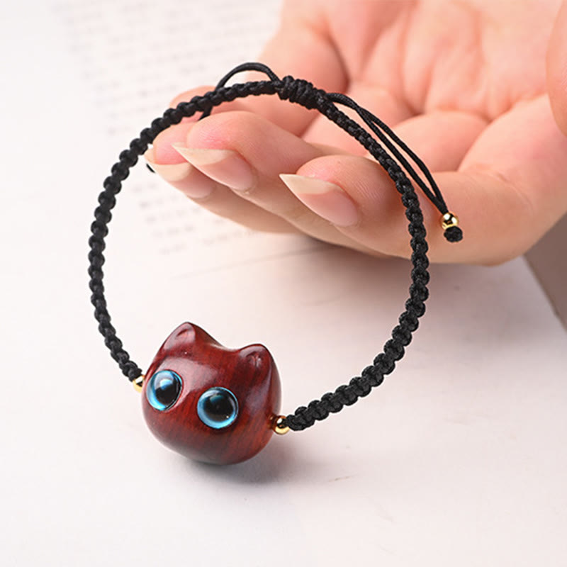 Buddha Stones Small Leaf Red Sandalwood Ebony Wood Cute Cat Head Calm Protection Braided Bracelet