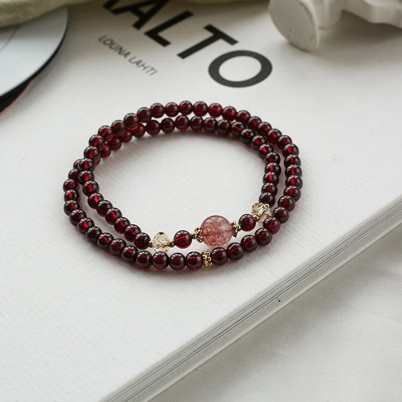 Buddha Stones 14K Gold Plated Natural Garnet Strawberry Quartz Stability Double Wrap Bracelet