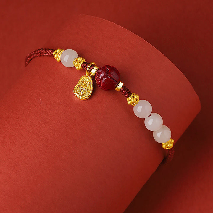 Buddha Stones 24K Gold Plated Hetian White Jade Cinnabar Lotus Luck Rope Bracelet