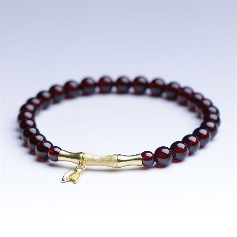 Buddha Stones 14K Copper Plated Gold 925 Sterling Silver Plated Gold Natural Garnet Bamboo Protection Bracelet