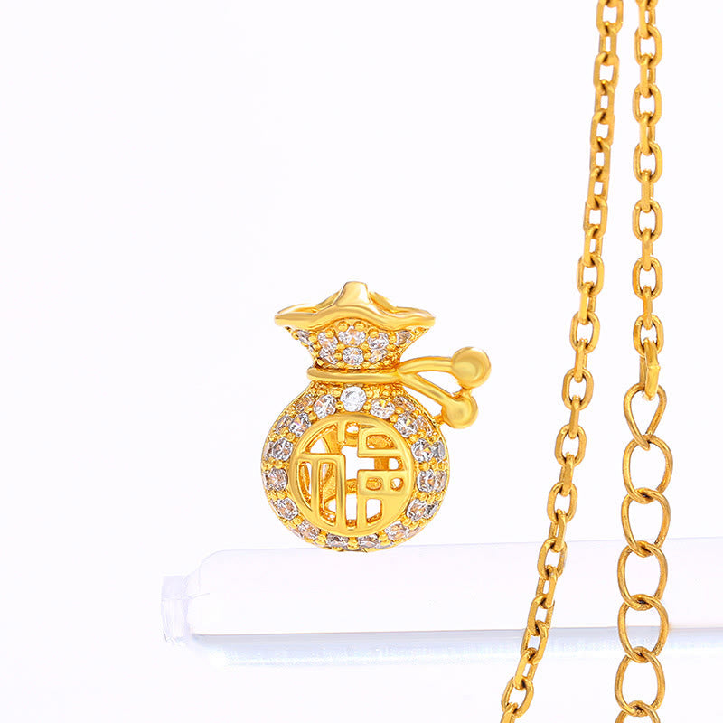 24K Gold Plated Fu Character Fortune Money Bag Necklace Pendant