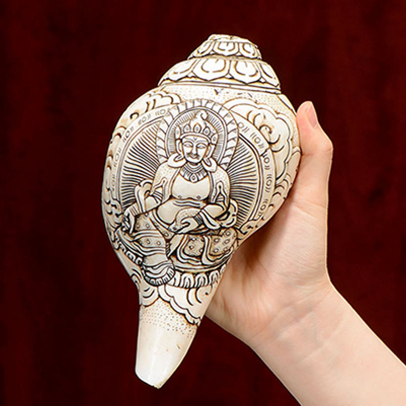 Tibetan Handmade Engraved Shankha Buddha Avalokitesvara Conch Shell Wealth Decoration