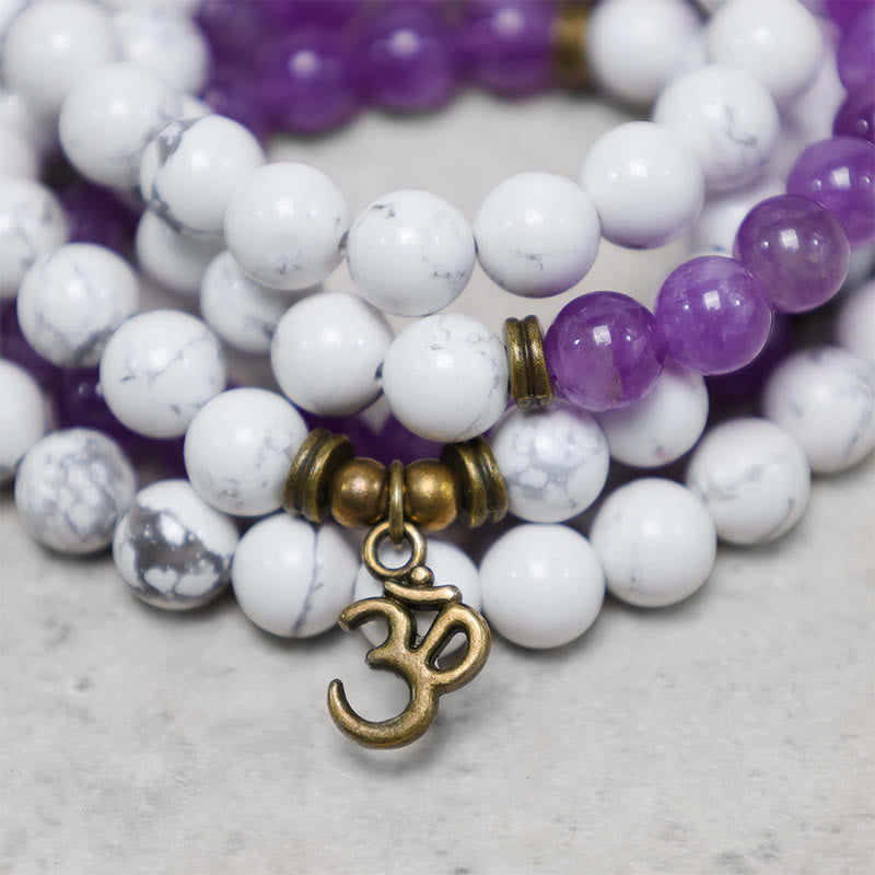 108 Mala Beads Amethyst White Turquoise OM Healing Meditation Energy Bracelet