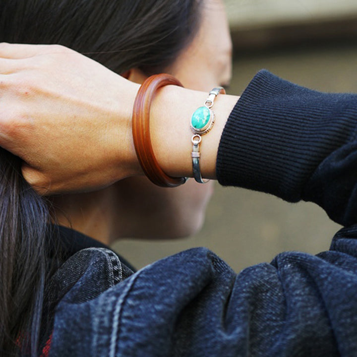 Buddha Stones 925 Sterling Silver Turquoise Balance Protection Handmade Nepal Bracelet Bangle