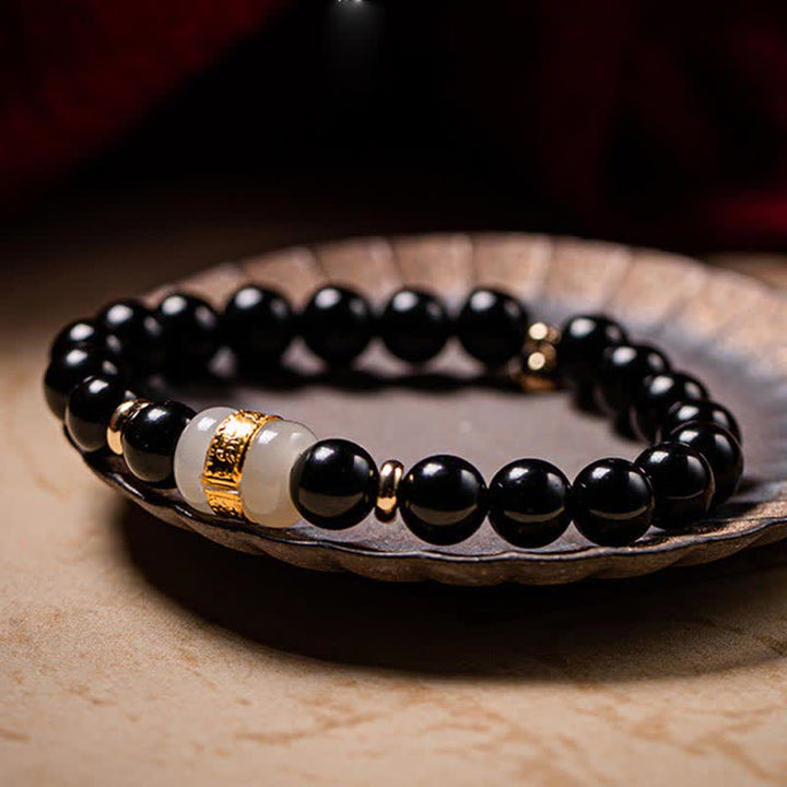 Buddha Stones Black Obsidian Jade Om Mani Padme Hum Strength Couple Magnetic Bracelet