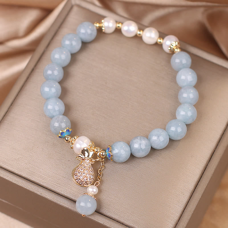 Buddha Stones Aquamarine Pearl Fortune Money Bag Charm Bracelet