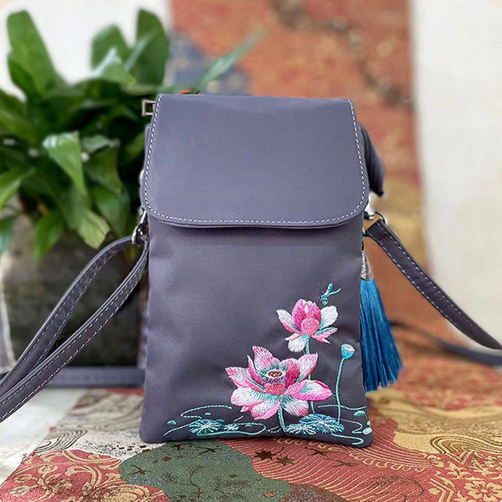 Waterproof Handmade Embroidered Lotus Flowers Crossbody Bag Shoulder Bag Cellphone Bag