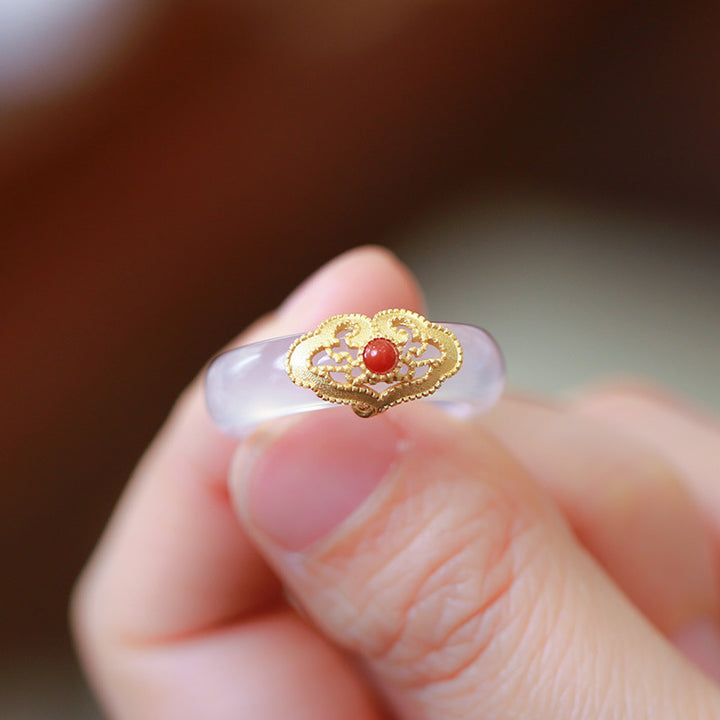 Buddha Stones White Agate Cyan Jade Turquoise Red Agate Luck Protection Ring