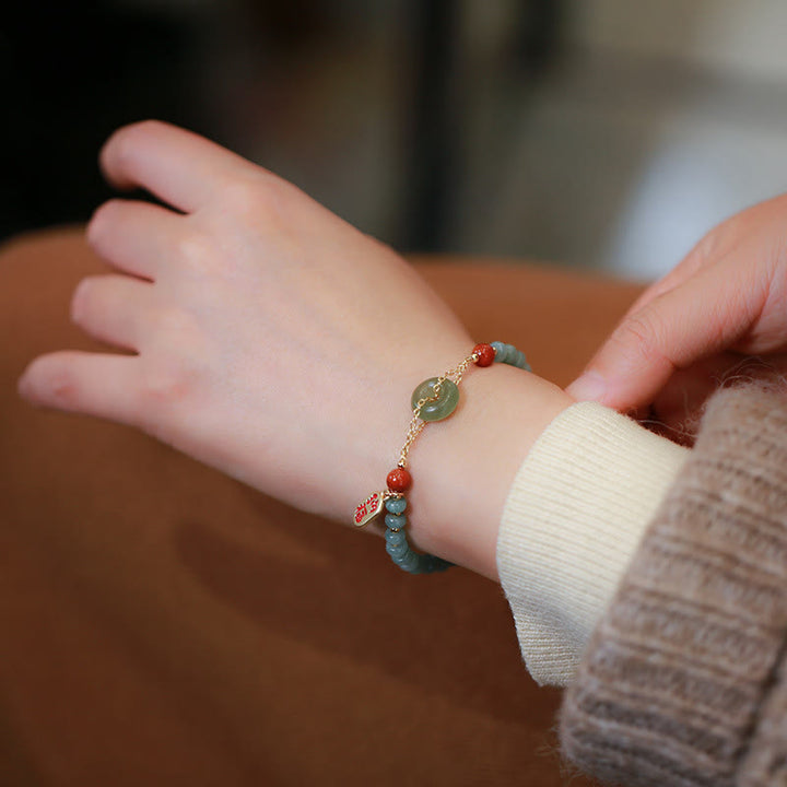 Buddha Stones Natural Hetian Jade Red Agate Peace Buckle Lucky Fortune Bracelet