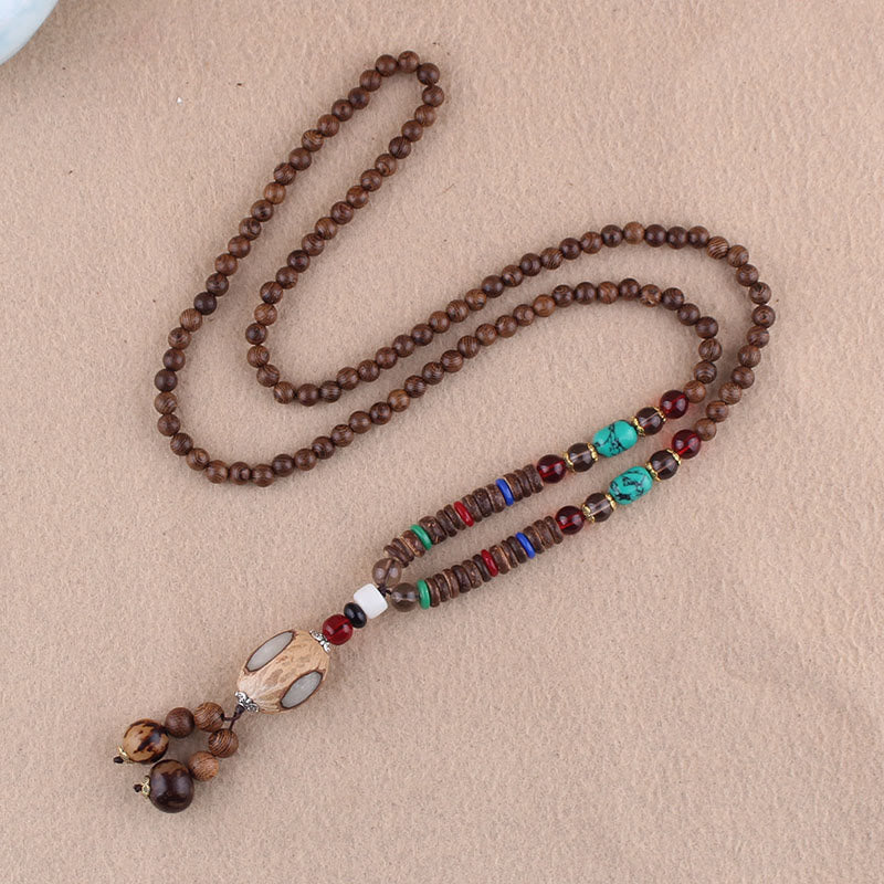 Buddha Stones Tibetan Wenge Wood Bodhi Seed Agate Elephant Protection Necklace Pendant