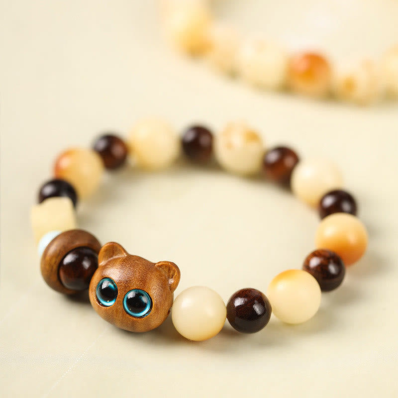 Buddha Stones Natural Bodhi Seed Sandalwood Lucky Cute Cat Head Paw Claw Peace Bracelet