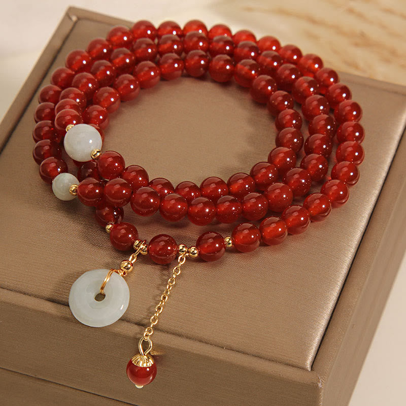 Buddha Stones Natural Red Agate Jade Peace Buckle Calm Triple Wrap Bracelet