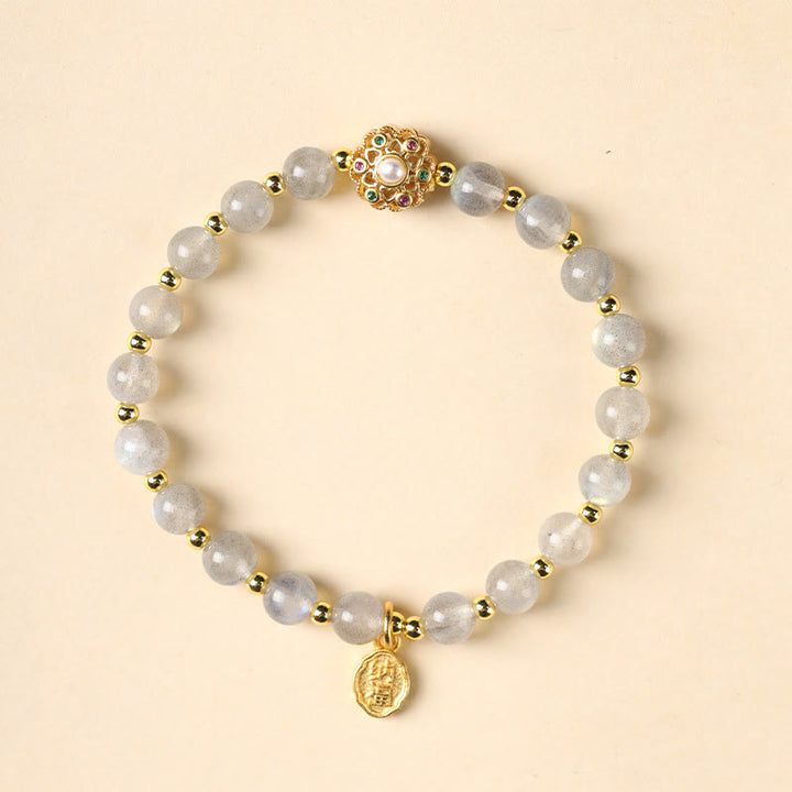 Buddha Stones 14K Gold Plated Natural Strawberry Quartz Labradorite Sun Stone Fu Character Positive Charm Bracelet