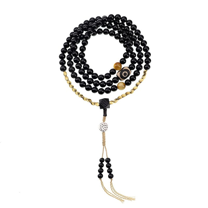 Tibetan 108 Mala Beads Black Onyx Three-eyed Dzi Beads Protection Bracelet