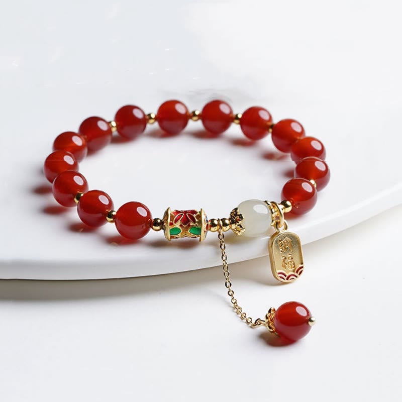 Buddha Stones Natural Red Agate Hetian Jade Fu Character Confidence Charm Bracelet