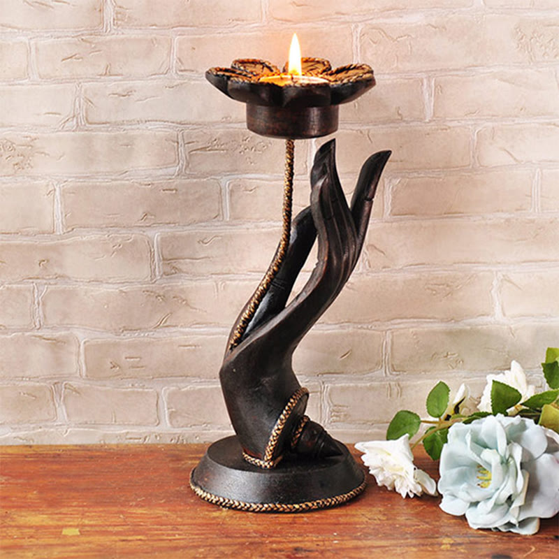 Buddha Stones Hand Pattern Wood Candlestick Home Candle Holder Decoration