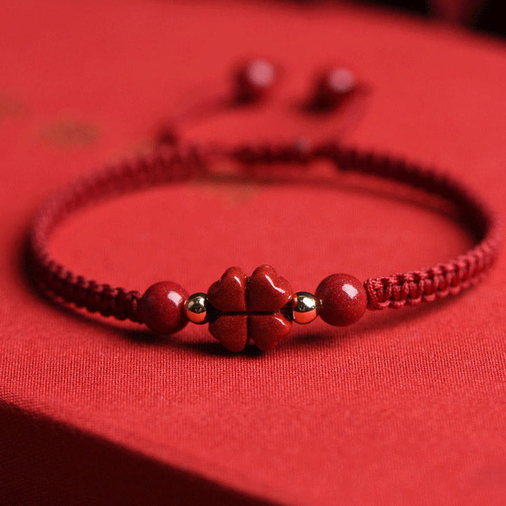 Buddha Stones Four Leaf Clover Five-petal Flower Cinnabar Blessing Red String Bracelet