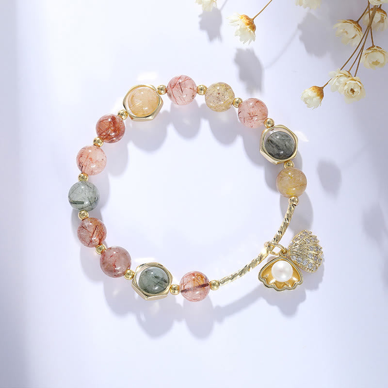 Buddha Stones Natural Colorful Rutilated Quartz Shell Protection Bead Bracelet