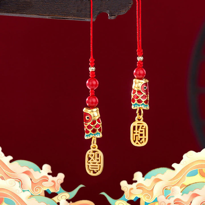 Buddha Stones Koi Fish Cinnabar Attracting Wealth Wish Ruyi Charm Luck Phone Hanging Decoration