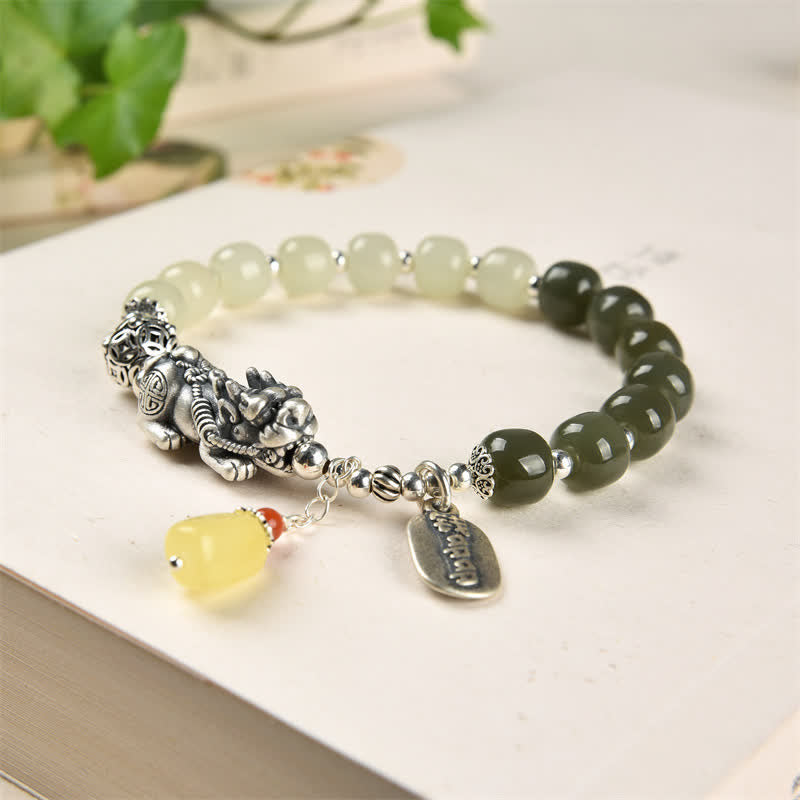 925 Sterling Silver Natural Hetian Jade Amber PiXiu Luck Bracelet