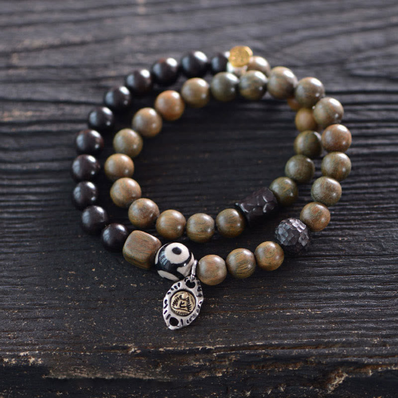 Buddha Stones Tibetan Green Sandalwood Ebony Wood Three-eyed Dzi Bead Fu Character Balance Peace Double Wrap Bracelet