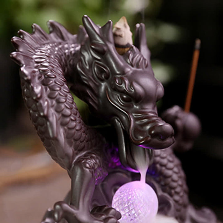 Auspicious Dragon Ceramic Backflow Smoke Fountain Meditation Healing Incense Burner Led Ball Decoration