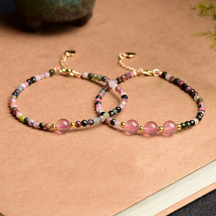 Buddha Stones Natural Colorful Tourmaline Strawberry Quartz Bead Positive Love Bracelet