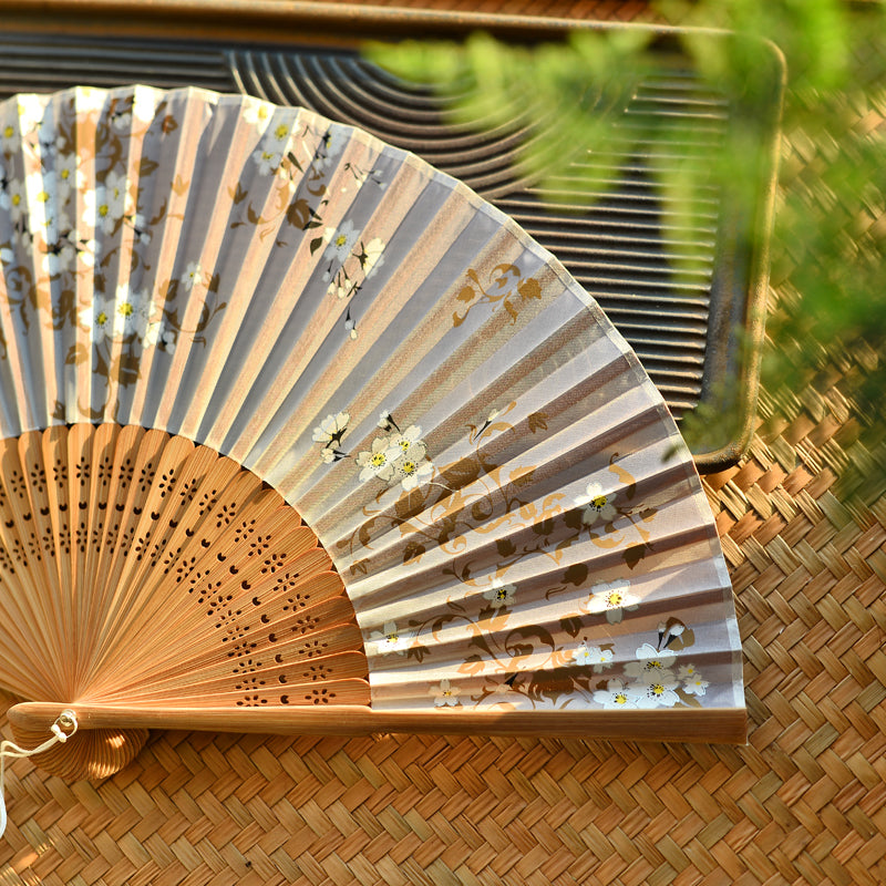 Buddha Stones Cherry Blossoms Sakura Handheld Bamboo Folding Fan 21cm